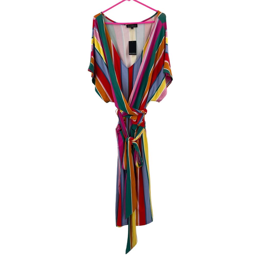 ELOQUII Dress Size 26 Stripe Curvy Plus Wrap Super Stretchy Candy Rainbow NWT - Picture 2 of 14
